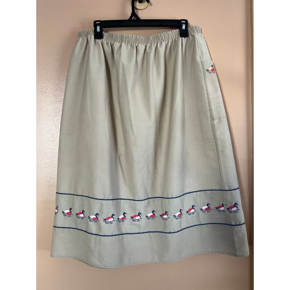 Vintage 80s Khaki Duck Embroidered Novelty Midi Skirt Elastic Waist 26-28" - Picture 6 of 6